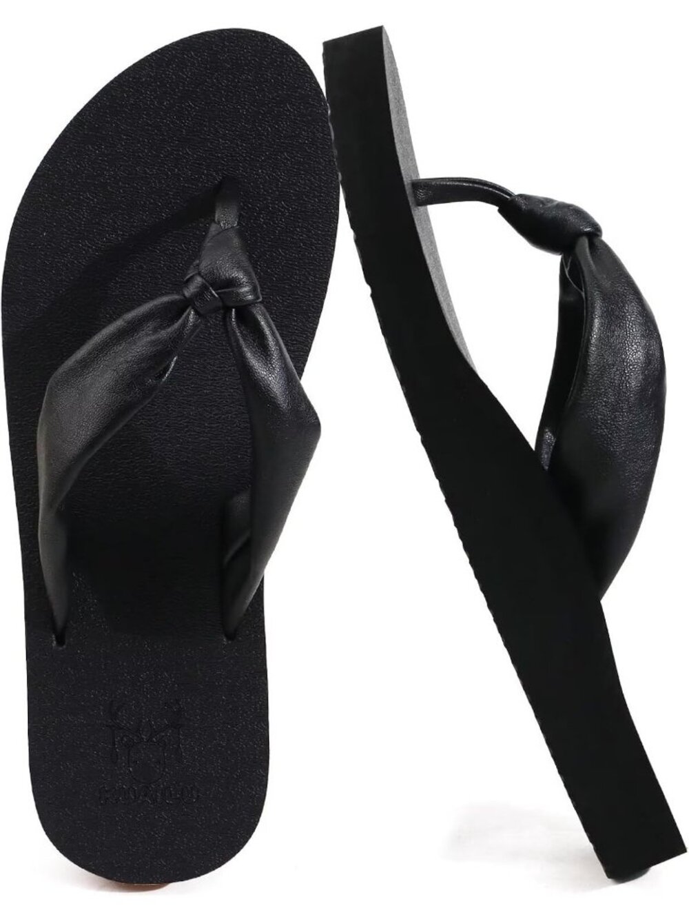 Women's Black Faux Leather Summer Flip Flops With Arch Support Outdoor Slippers